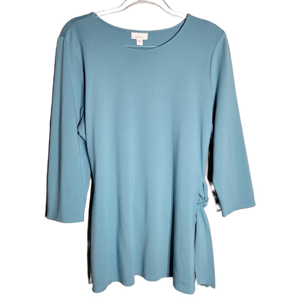 J Jill Ponte Knit Tunic Top Women's Size L Blue Tie Waist 3/4 Sleeve